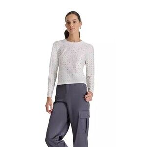 DKNY Jeans Women WHITE LARGE Studded Crewneck Long-Sleeve Top